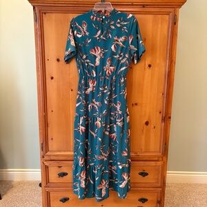 Boutique Teal Floral Short-Sleeve Tiered Midi Dress